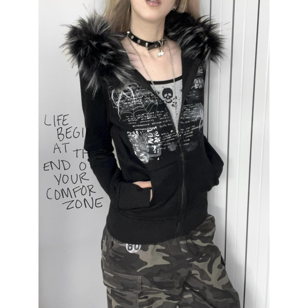 Y2k Fur Patchwork Grunge Hoodies Women Streetwear Vintage Harajuku Gothic Print Hooded Sweatshirt Co