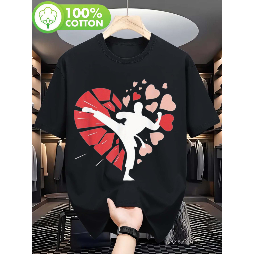 Kaos Grafis Valentine Seni Bela Diri Retro Vintage Pria Karate Judo - Hitam dengan Hati Merah & Hati