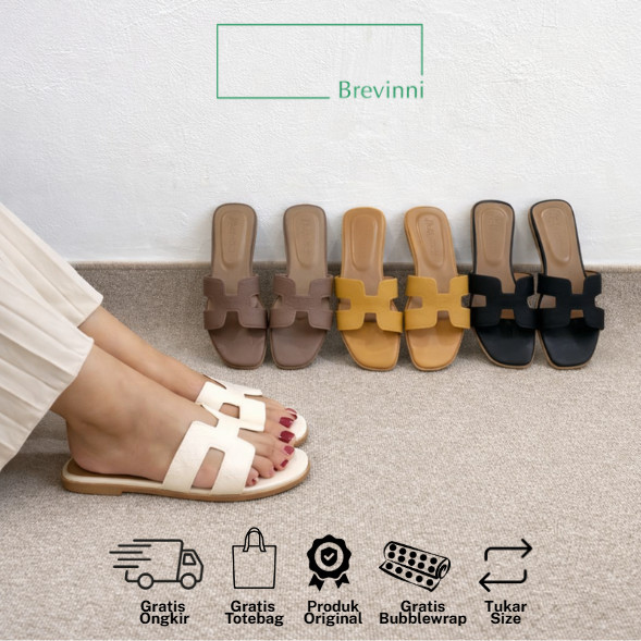 Brevinni Eble 1 Sandal Flat Kulit Jeruk Selop Wanita Premium Kekinian Aesthetic Terbaru Size 35-41 T