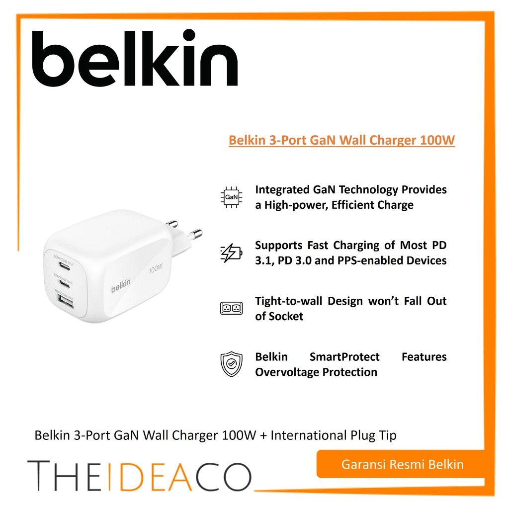 Belkin 3-Port GaN Wall Charger 100W + International Plug Tip (WCH016krWH)