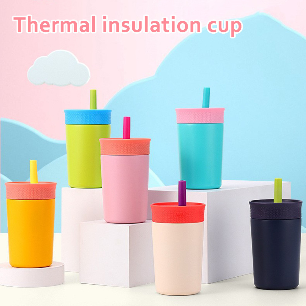 Gelas Minum Anak Stainless Steel Anti Tumpah 350ml dengan Sedotan Silikon Kecil Aesthetic