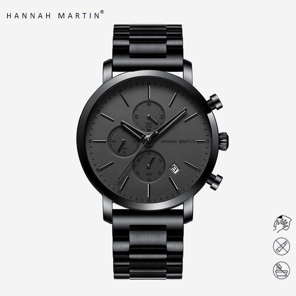 HANNAH MARTIN Jam Tangan Pria 100% Original Tahan air COWOK Kronograf Quartz Analog Laki 109G