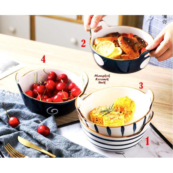 Mangkok Keramik Unik bahan keramik tebal mangkok mie sup kuah oven - MANGKOK KUPING, MOTIF 2