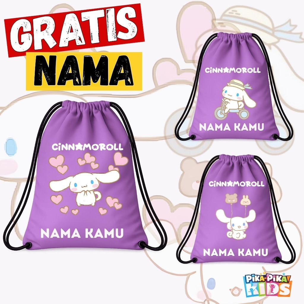 ( GRATIS NAMA ) Tas Serut Anak Warna Ungu Muda Cinnamorrol - String Bag Tas Sekolah, Tas Olahraga, U