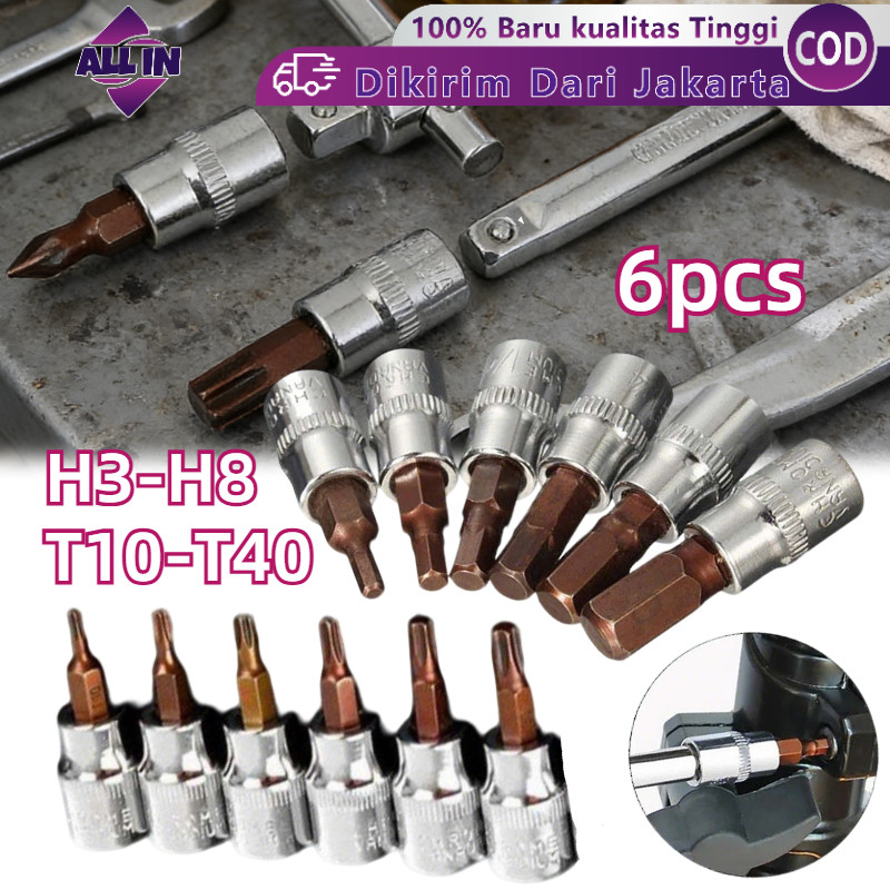 6Pcs Mata Hexagonal Hex Bit Socket Set Mata Kunci Shock Torx Bintang Drive Mata Hex Bit Socket
