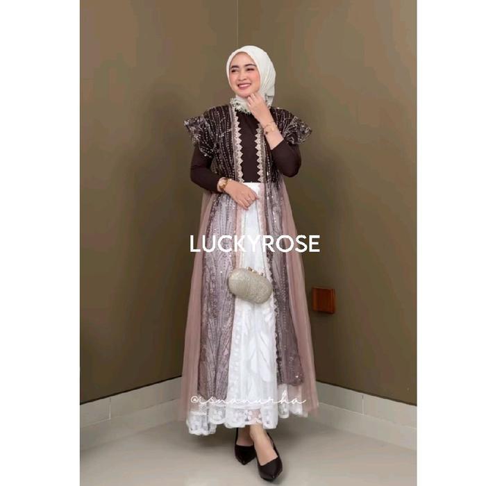 Samoza Outer Brukat Outer Tille Payet Layer Rumbai Cardan Brokat Lengan Pendek Ruffle Payet Outer Br