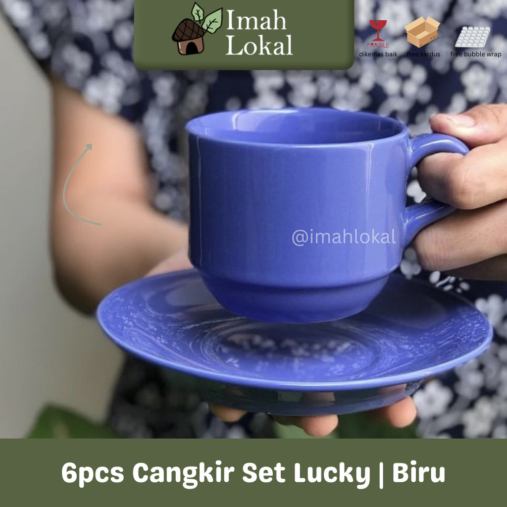 Cangkir Set 6pcs Keramik Lucky Gelas Minum Kopi Teh Warna + Pisin / Tatakan - Biru