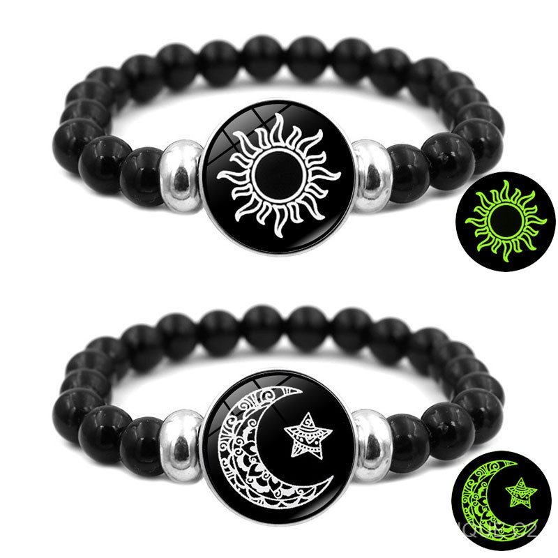 Gelang Pasangan Bercahaya Matahari dan Bulan Gelang Fashion Hitam Elastis Perhiasan Hadiah Pasangan
