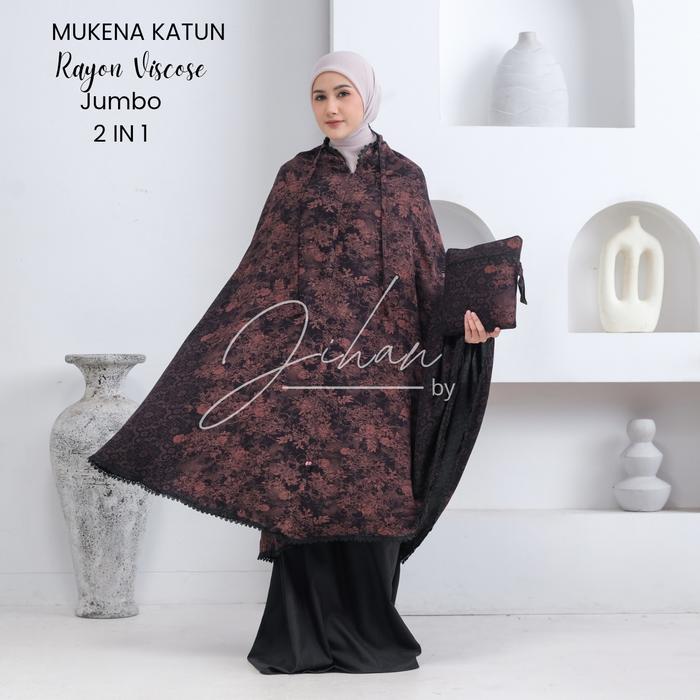 Promo mukena katun rayon viscose motif 2in1 mukena dewasa jumbo - hitam R1, JUMBO RAYON VISCOSE