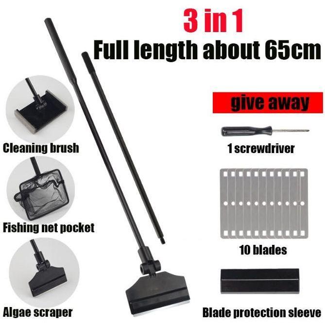 3 in 1 Aquarium Algae scraper pembersih akuarium jaring ikan scrapper - 3in1 jaring 65