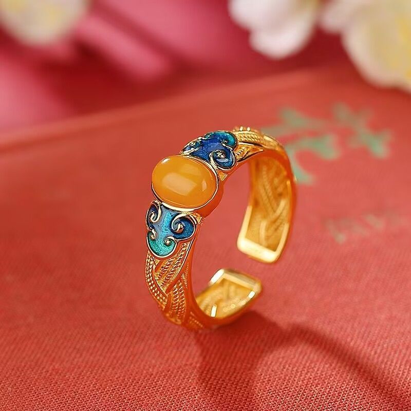 Cloud Pattern Ring for Women, Cloisonné Enamel with Ruyi Design