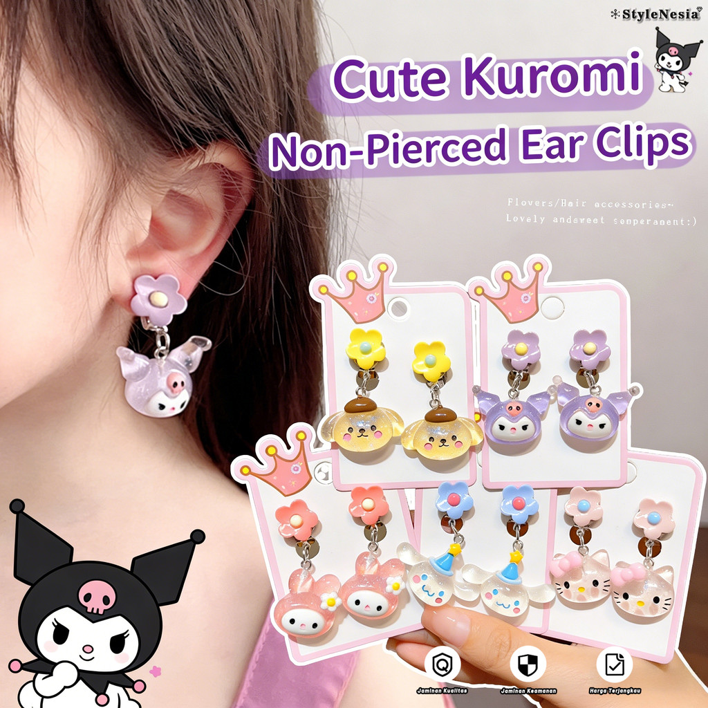 Anting Anak Perempuan My Melody Kuromi - Anting Klip Tanpa Tindik yang Aman, Desain Karakter 3D Lucu