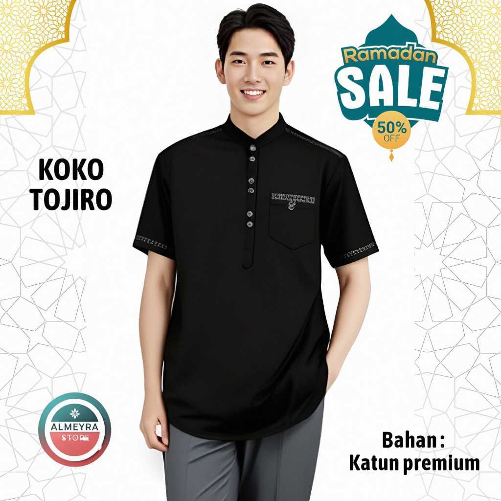 Baju Lebaran Baju Koko Tojiro Lengan Pendek Oversize / Baju Muslim Koko Polos Kancing / Baju Koko To