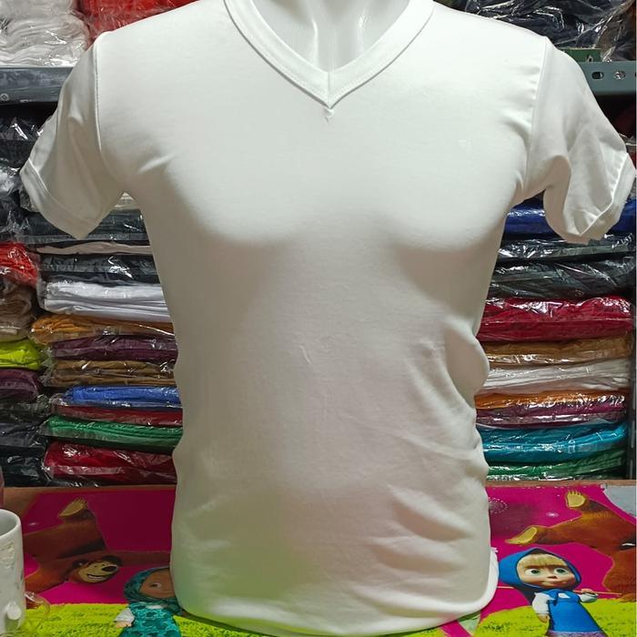 Kaos Polos Lengan Pendek Oong V Neck Pria Dewasa Katun Rib - Kerah, Baju - Distro, Cowok - Putih, M