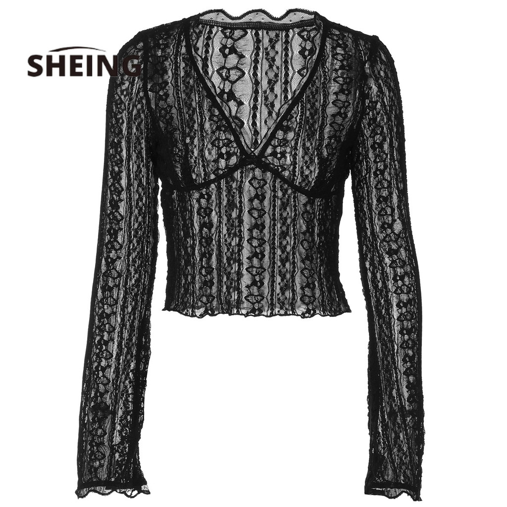 SHEING Pakaian Wanita Eropa Dan Amerika  Musim Panas Lengan Panjang Renda Seksi V-Neck Slim-Fit Spic
