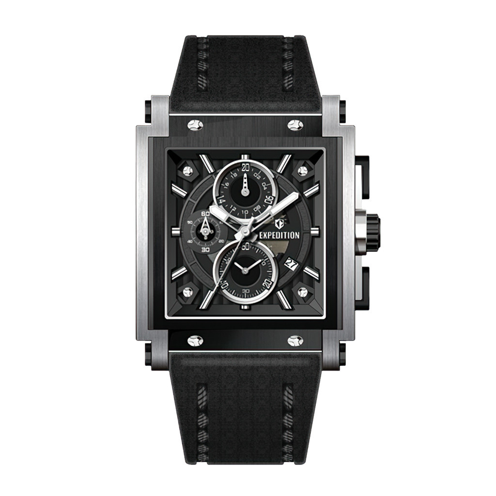 Jam Tangan Pria Expedition Chronograph E 6731 GCLTBBA Black Dial Black Genuine Leather Strap