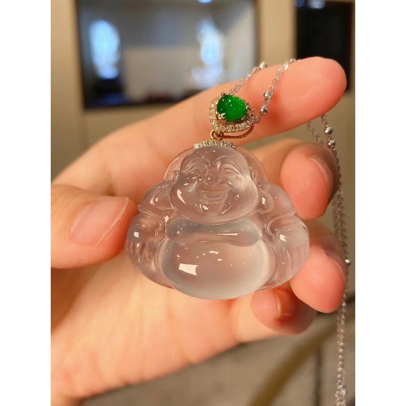 Liontin Buddha dari batu giok bening seperti es batu giok asli alami kelas A dari Burma dengan inlay