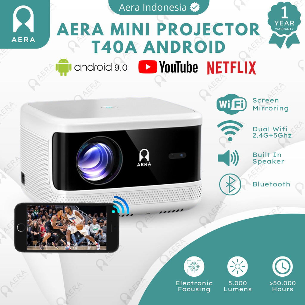 Aera Smart Proyektor Android T40A 5000 Lumens Proyektor Mini Portable Android Wifi Bluetooth Full HD