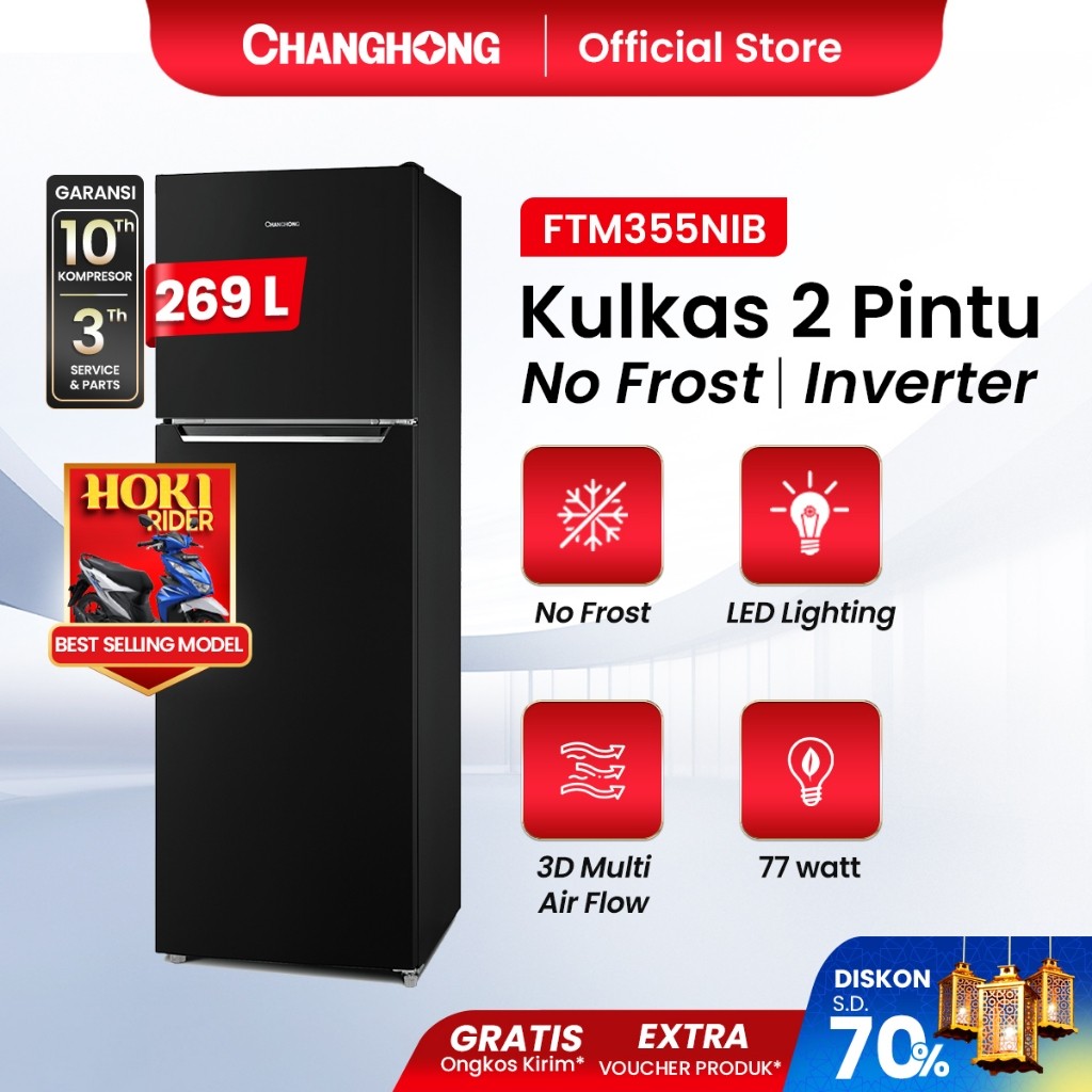 BM Changhong Kulkas 2 Pintu  (Refrigerator) kulkas Inverter No Frost tanpa Bunga Es Lemari Es Kapasi