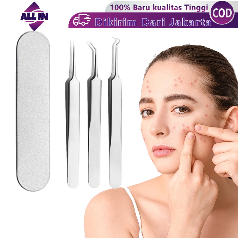 3Pcs Stainless Steel Pinset Komedo Lurus & Bengkok - Untuk Penghilangan Komedo Hidung, Jerawat, Pera