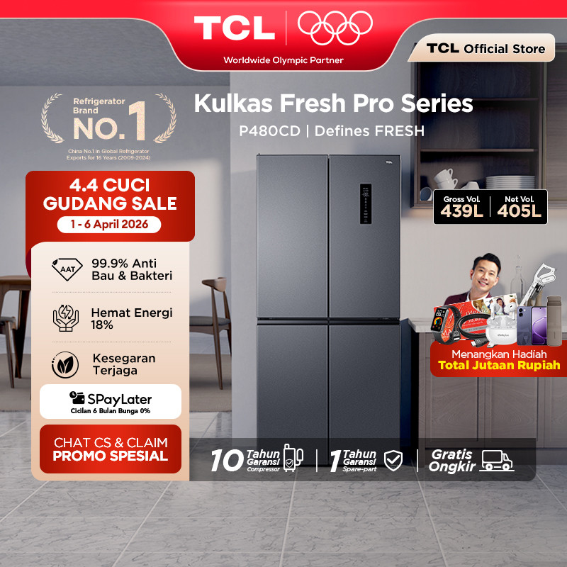 TCL Kulkas 4 Pintu - Kapasitas 439L - Big Capacity - Twin Eco Inverter - AAT Gen 2 Natural Eco Fresh