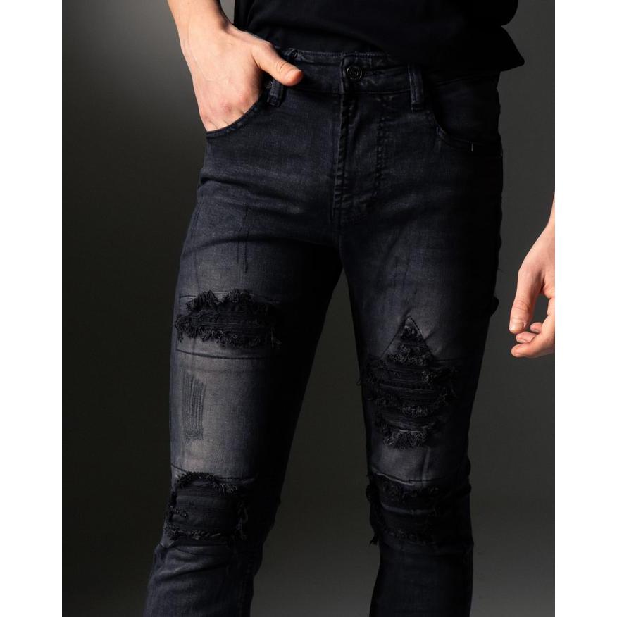 Weird Jeans - Austin Black - Celana Jeans Pria Slimfit Strech Ripped Tambal Denim Nyaman Stretch - a
