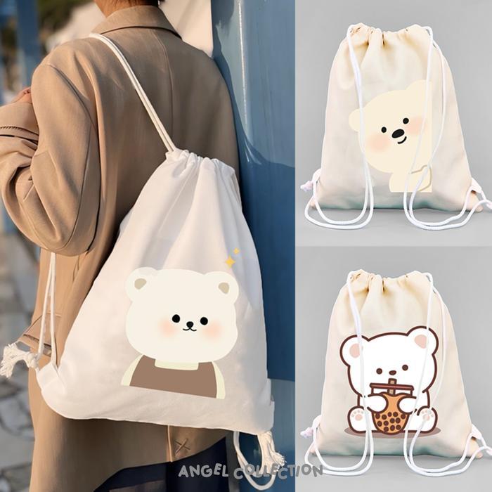 String Bag Tas Serut 100% Kanvas Bear Beruang Lucu Aesthetic Ukuran 30x40 - BEAR10, String Bag