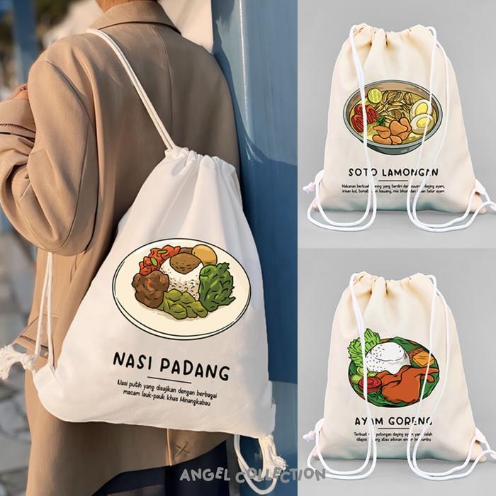 String Bag Tas Serut 100% Kanvas Makanan Khas Indonesia Aesthetic Ukuran 30x40 - MKAN16, String Bag