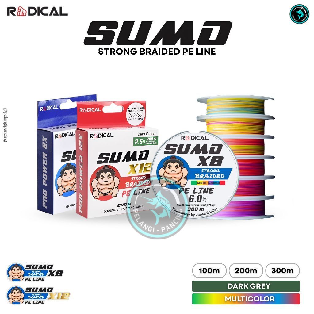 RADICAL SUMO PE Line X8 / X12 Senar Pancing 100–300 Meter Multicolor Dark Green Casting Laut