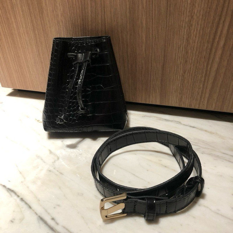 Mango black bucket belt bag Korean Style Mini Drawstring Bucket Bag & Adjustable Croc Leather Belt C