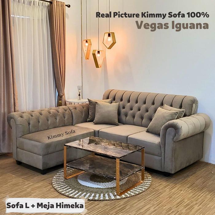 Sofa L Classic Kancing Kimmy Sofa Chesterfield Madona Bludru Minimalis - Charlote String, Sofa L+Him