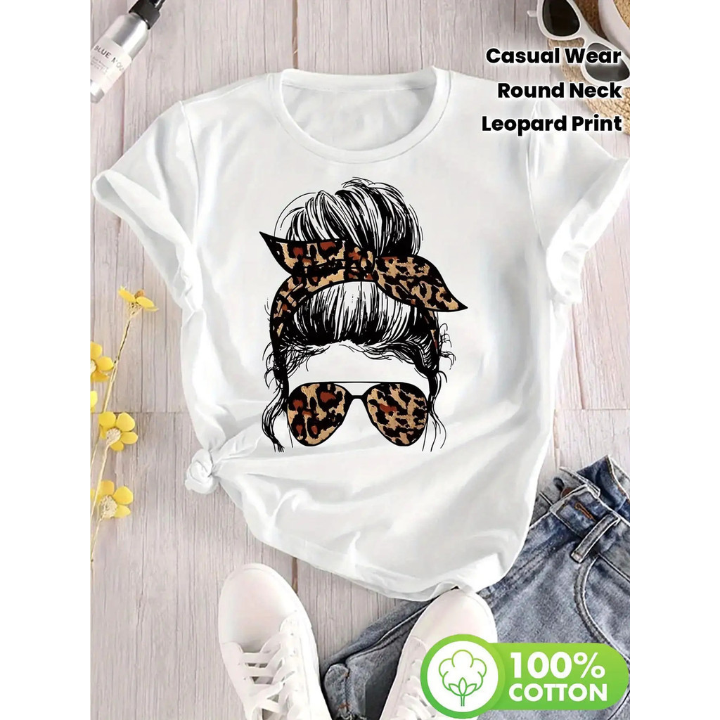 Kaos Wanita Cetakan Macan Tutul dengan Grafis Wajah Kucing & Kepala Macan Tutul - Kaos Santai Leher 