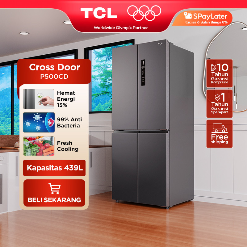 TCL Kulkas 4 Pintu - Kapasitas 439L - Twin Eco Inverter - Tanpa Bunga Es - Lemari Es - P500CD