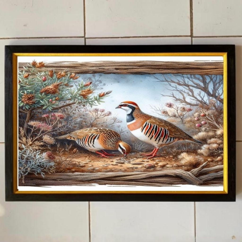Hiasan dinding lukisan Cetak gambar burung puyuh emas plus bingkai ukuran 65cmx45cm