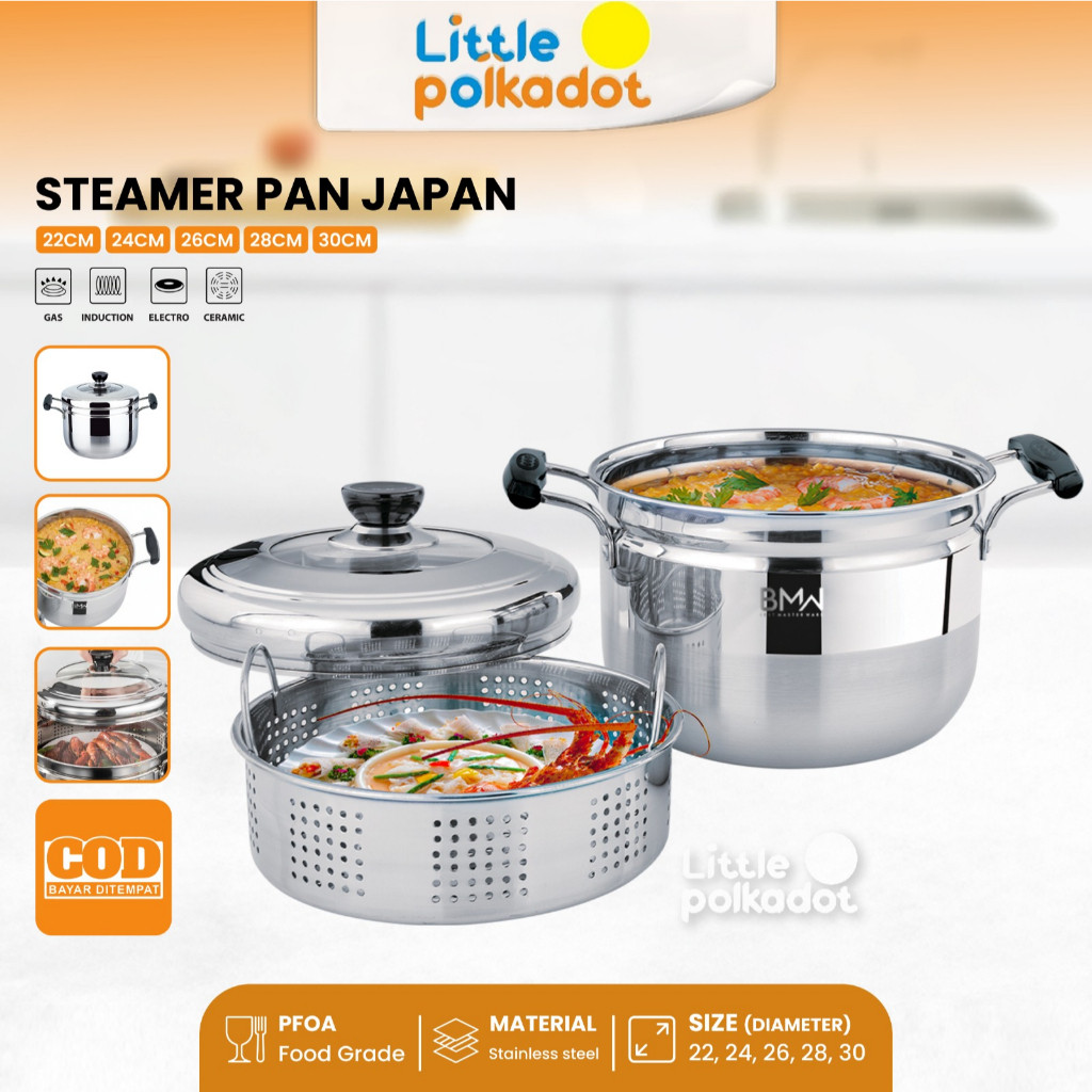 SWS Littlepolkadot Panci kukusan tutup kaca ukuran besar Panci Kukus 2 Susun Panci Kukus Stainless S