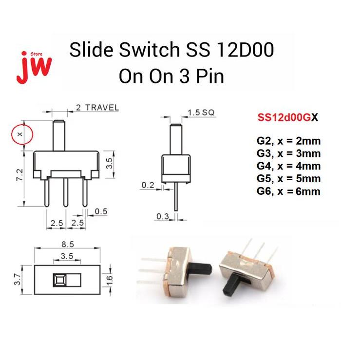 2 Buah SS12D00 SS12D00G2 SS12D00G3 Saklar Geser Mini Slide Switch On Off 3 Pin 2 Way SPDT - SS12D00G