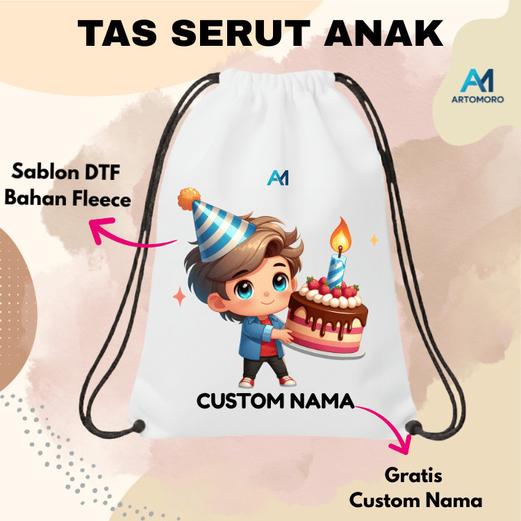Tas Serut Sekolah Anak TK SD Custom Foto Bebas Desain Sendiri Souvenir Tas Serut Custom Anak Pesta U