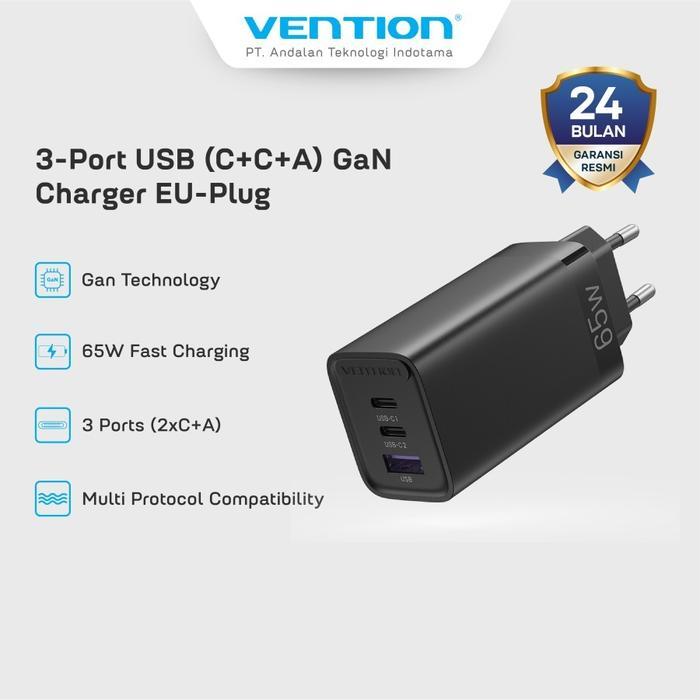 Vention Gan Charger 65W Wall Charger 3 Port 2C+A PD Fast Charging - FED - 65W Hitam