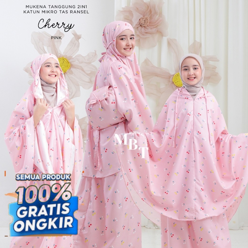MUKENA  BALI TASIK - MUKENA TANGGUNG 2IN1 KATUN TAS RANSEL CHERRY- pakaian wanita lainnya