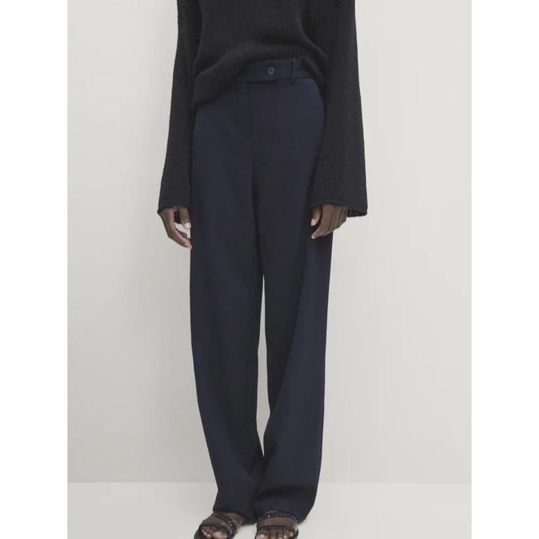 Massimo Dutti Women's Straight Leg Navy Blue Trousers with Wool - Celana Panjang Bahan Kerja Executi