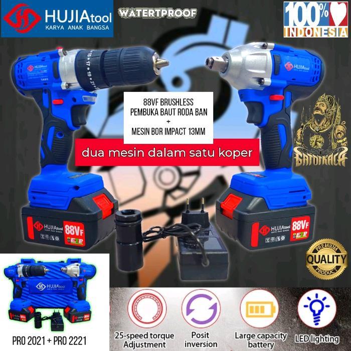 Impact Wrench + Mesin Bor Baterai Cordless Drill HUJIA Pembuka Baut Komplit | Paket Hemat Bundling P