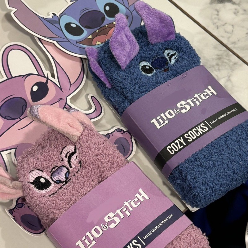 Disney Stitch Angel Ugly Cute Coral Fleece Slipper Socks Warm Plush House Socks for Women Girls Wint