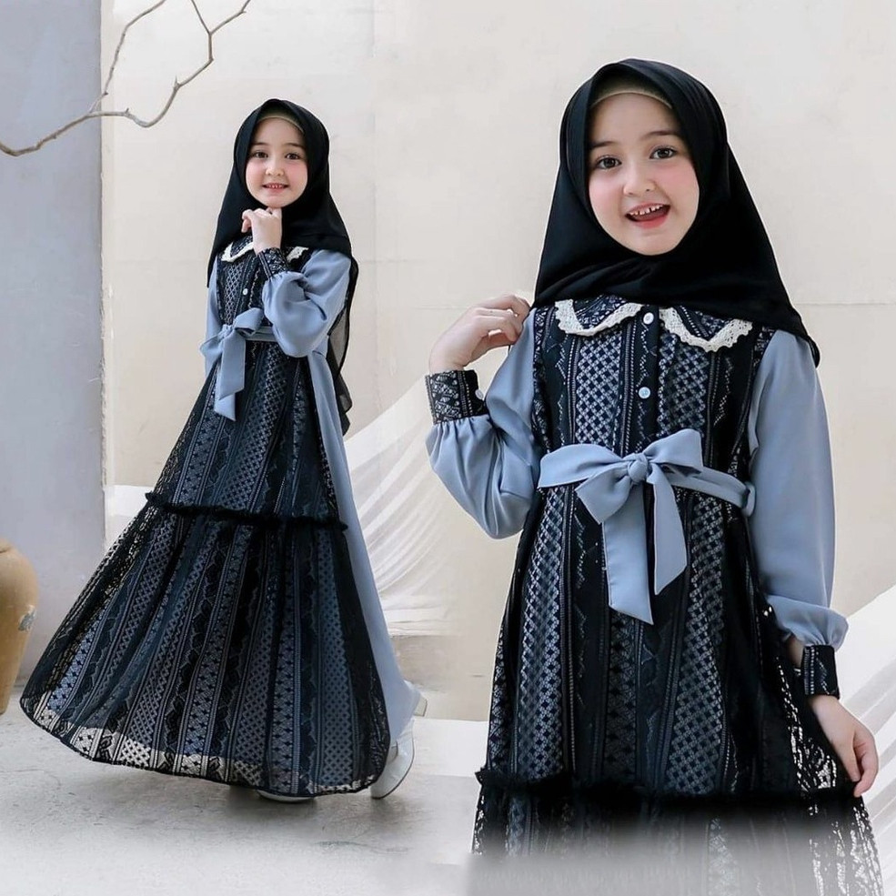Nauvera —— (Real Picture) Ghania Kids Gamis Syari Set Hijab Anak Perempuan  Muslim Lebaran 6-8 Tahun