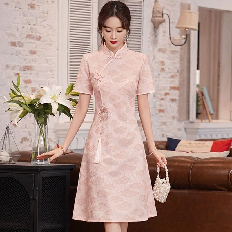 [COD]Cheongsam gaun lengan pendek gaya Cina baru Cheongsam gaun lengan pendek