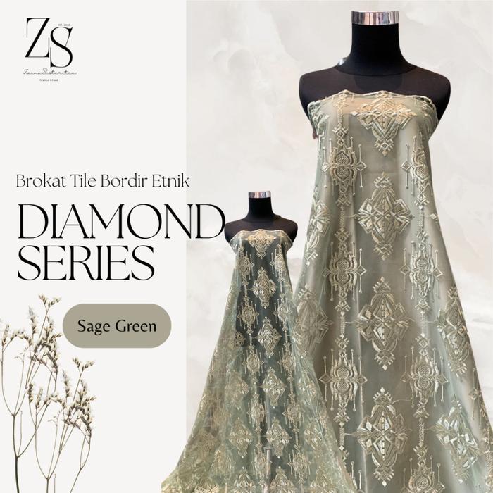 1/2 Meter Bahan Kain Brokat Brukat Tile Bordir Etnik Mewah Diamond Series Warna Hijau Sage Green