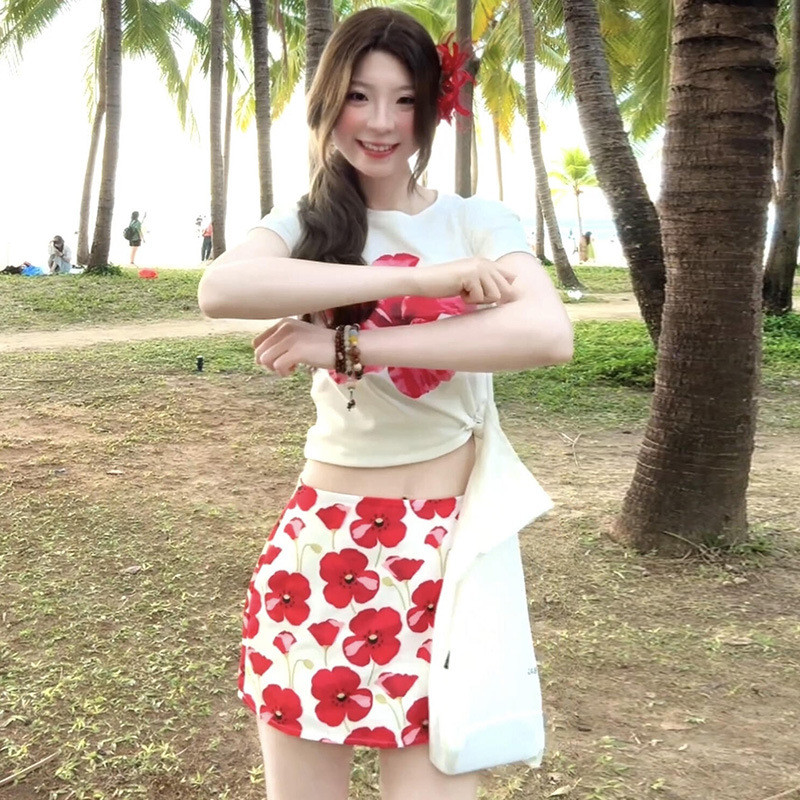 [PickMe Shop] Rok pensil pinggang tinggi motif bunga merah, gaya ramping dan feminin