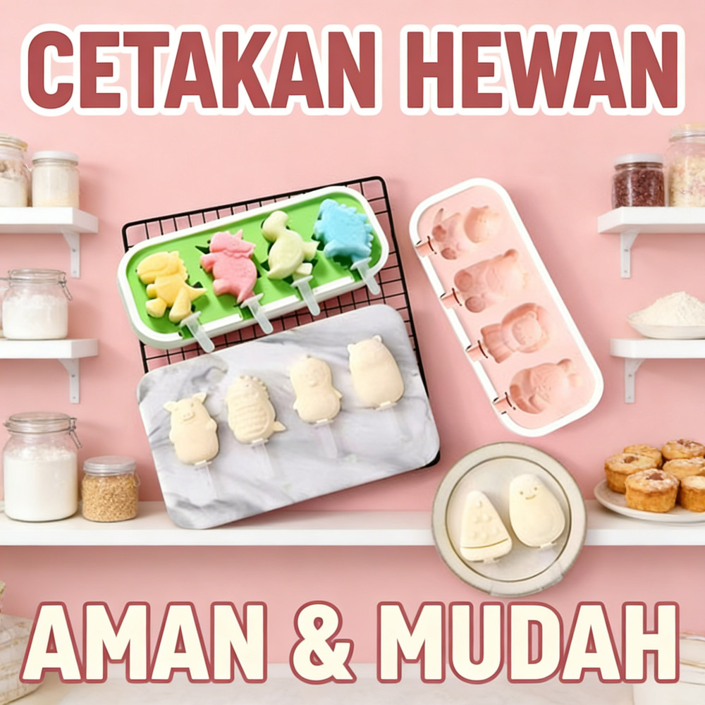 Cetakan Krim Ice Cream Tutup Silikon Hewan Lucu Homemade 4 Slot Es Krim