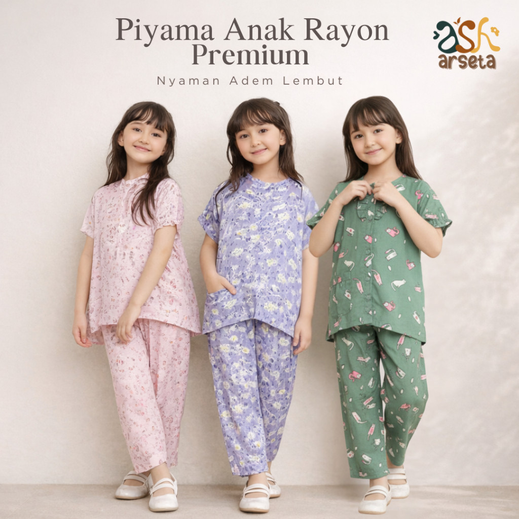 NASRIJAL  Piyama Anak Rayon Perempuan 5 - 12 Tahun New Pajamas Labela Katun Rayon Premium