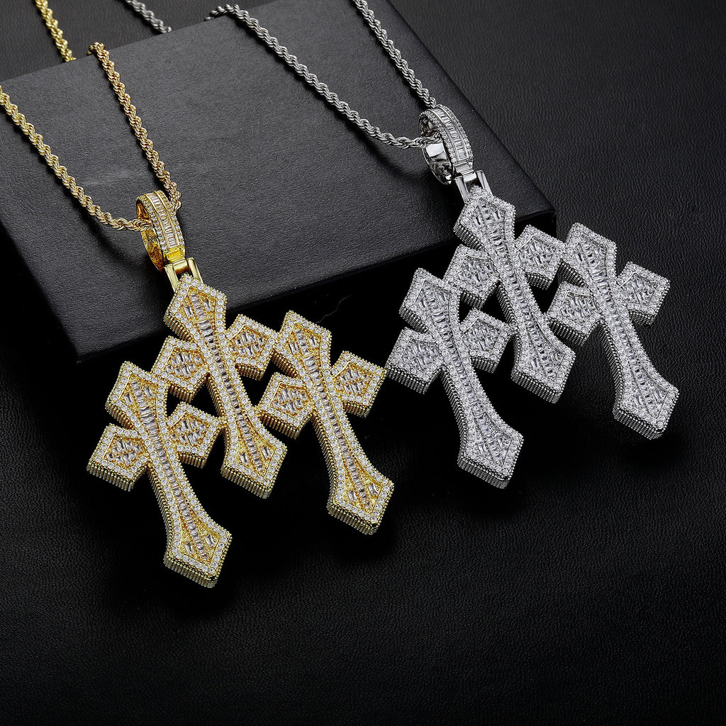 Hip Hop Full Diamond Cross Pendant Kalung Pria Aksesoris Zircon Berlapis Emas