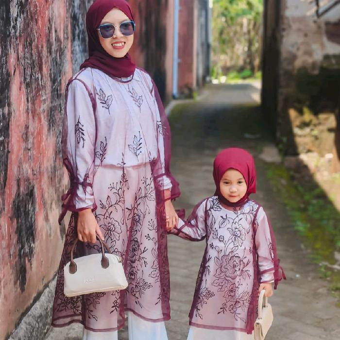 Tunik outer set dengan celana cutbray ibu dan anak - burgundy, S